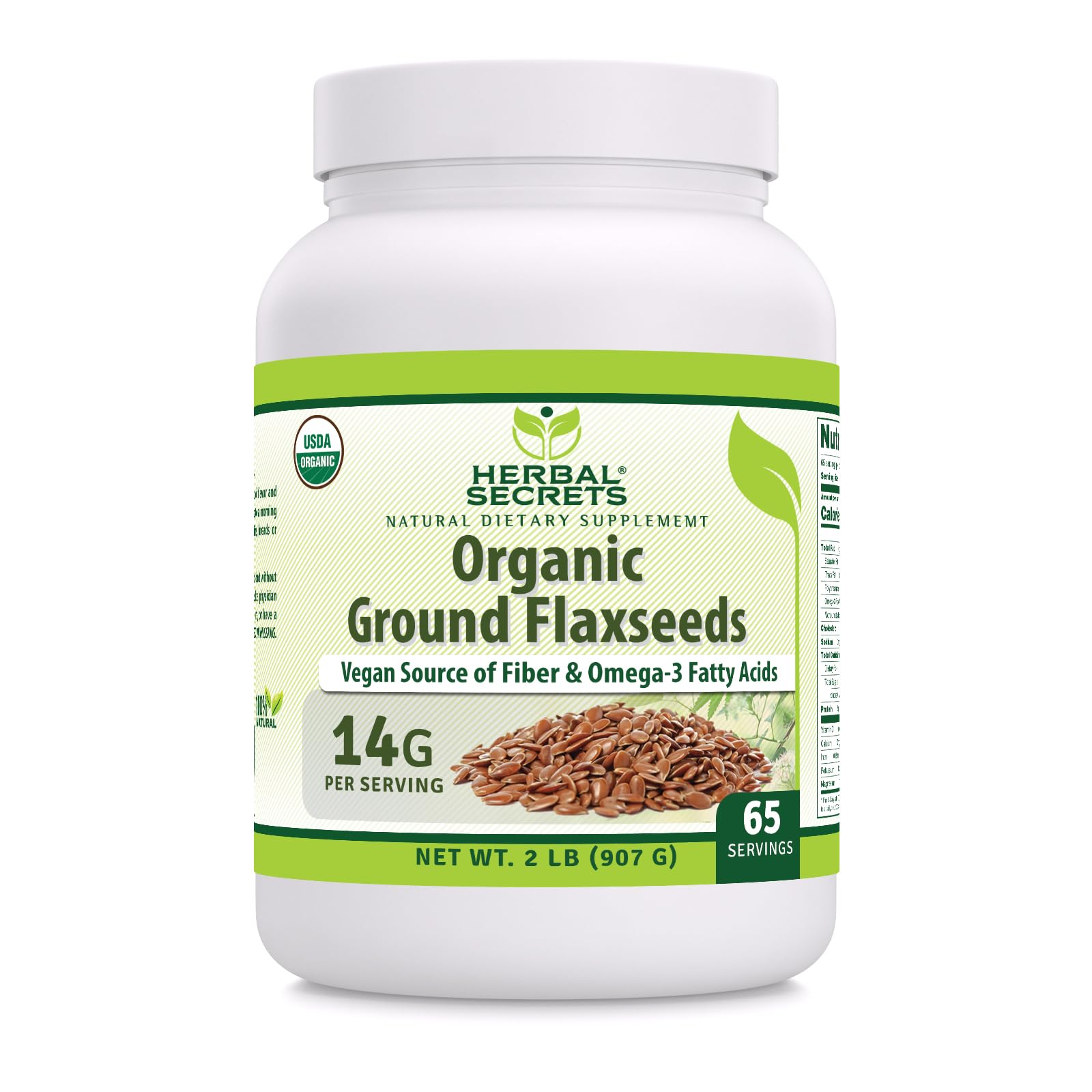 Herbal Secrets ground flaxseed bottle highlighting organic quality and purity
