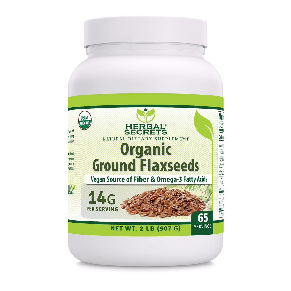 Herbal Secrets ground flaxseed bottle highlighting organic quality and purity