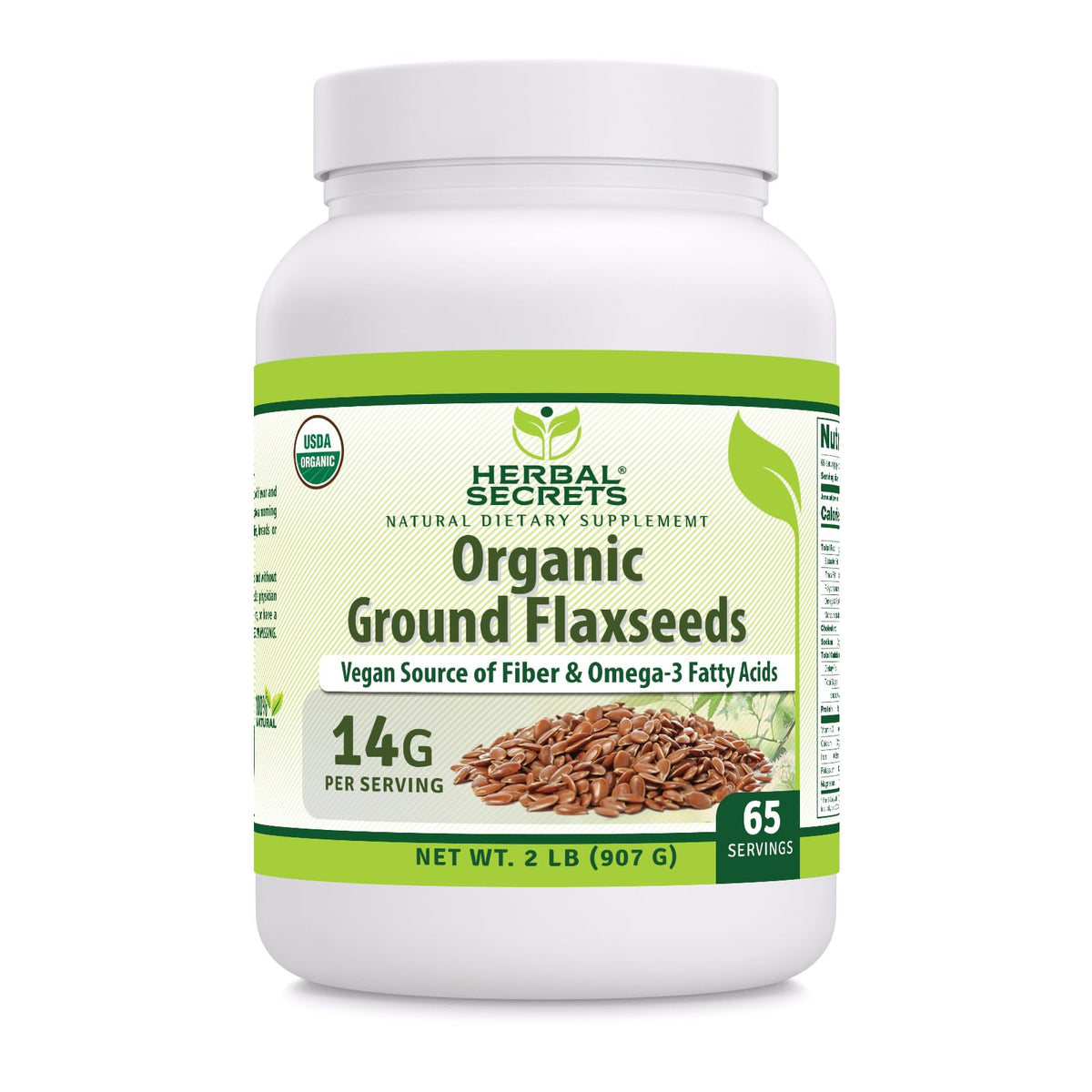 Herbal Secrets ground flaxseed bottle highlighting organic quality and purity
