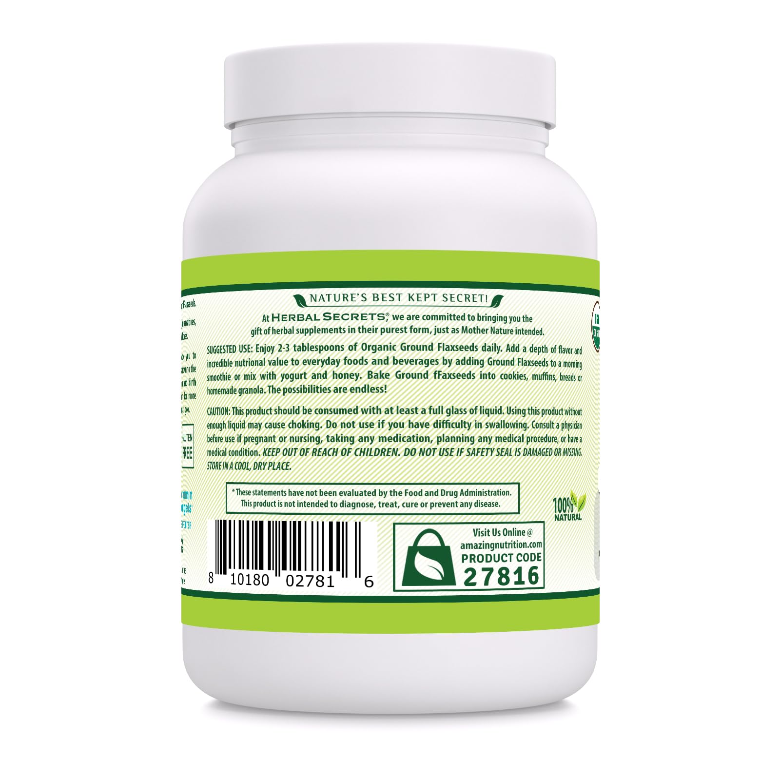 Herbal Secrets ground flaxseed powder texture close-up, fiber-rich vegan source