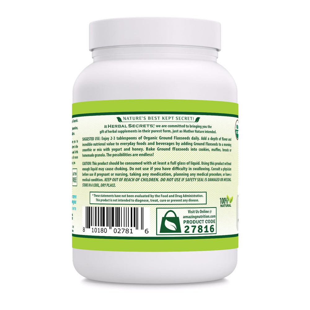 Herbal Secrets ground flaxseed powder texture close-up, fiber-rich vegan source