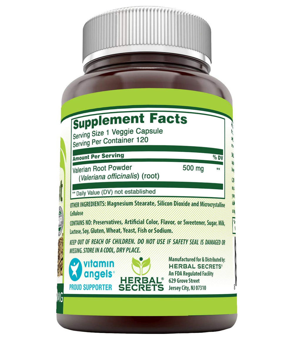 Herbal Secrets Valerian Root capsules highlight veggie formula for easy, gluten-free use.