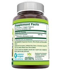 Herbal Secrets Valerian Root capsules highlight veggie formula for easy, gluten-free use.