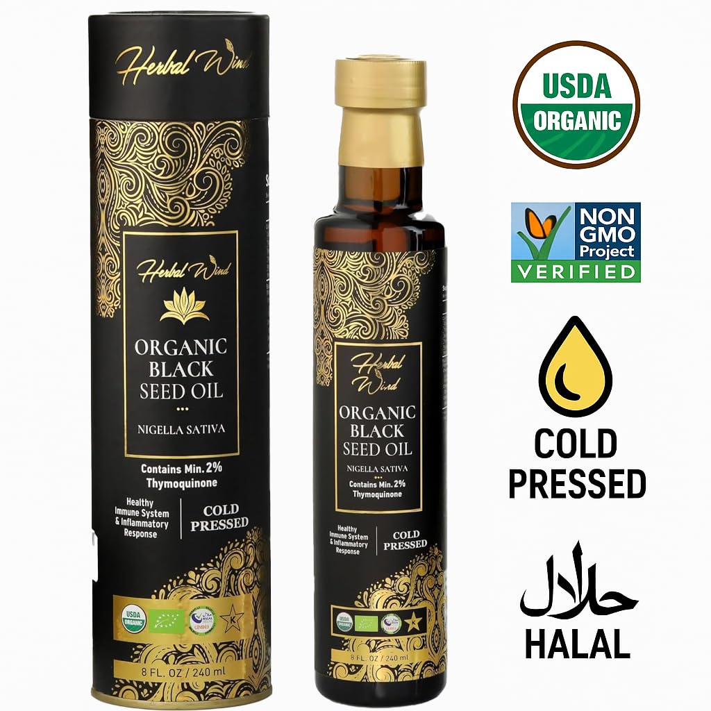 Herbal Wind Black Seed Oil beside a glass for daily balance.