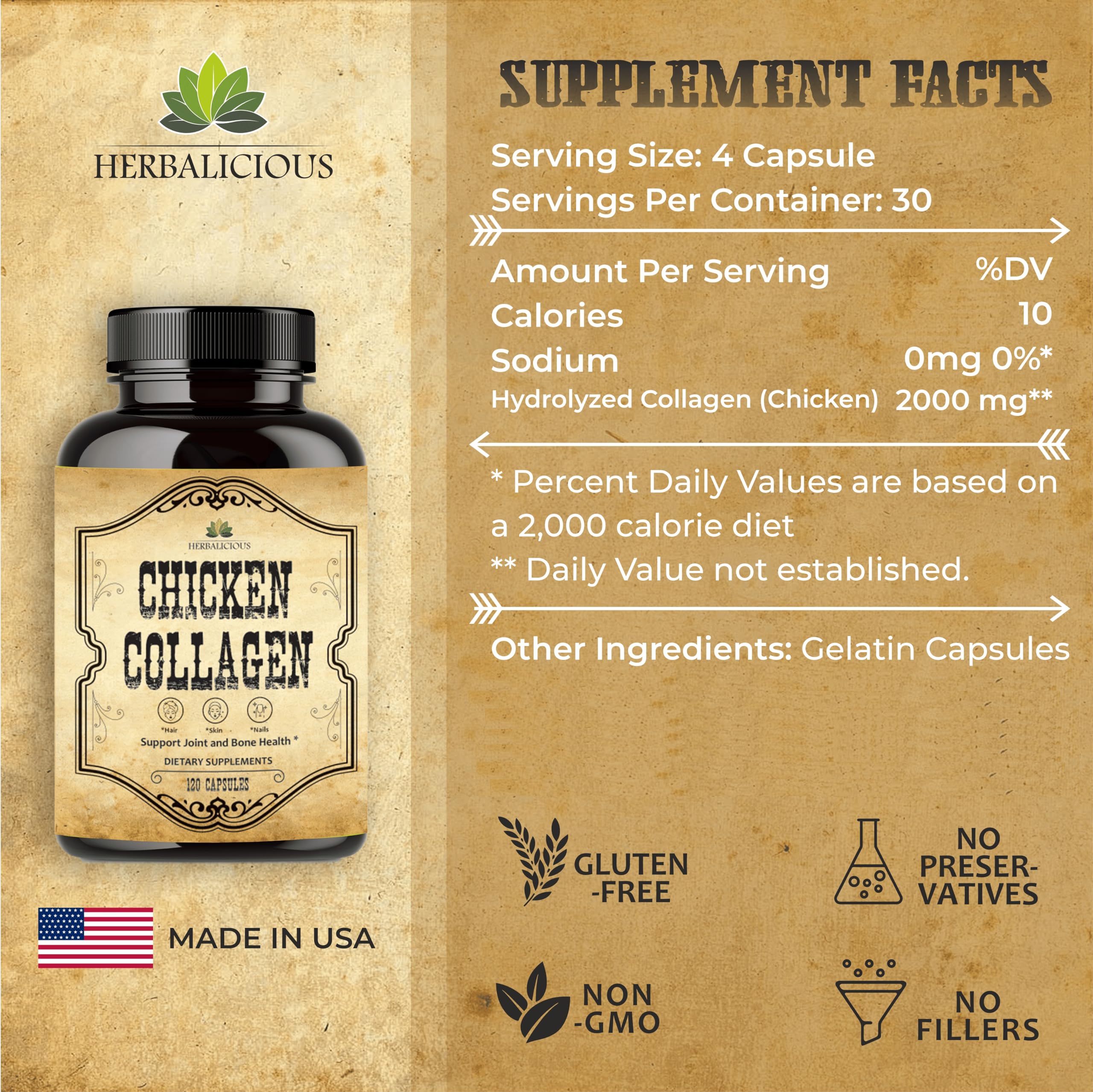 HERBALICIOUS chicken collagen capsules bone-support for bone health and resilience.
