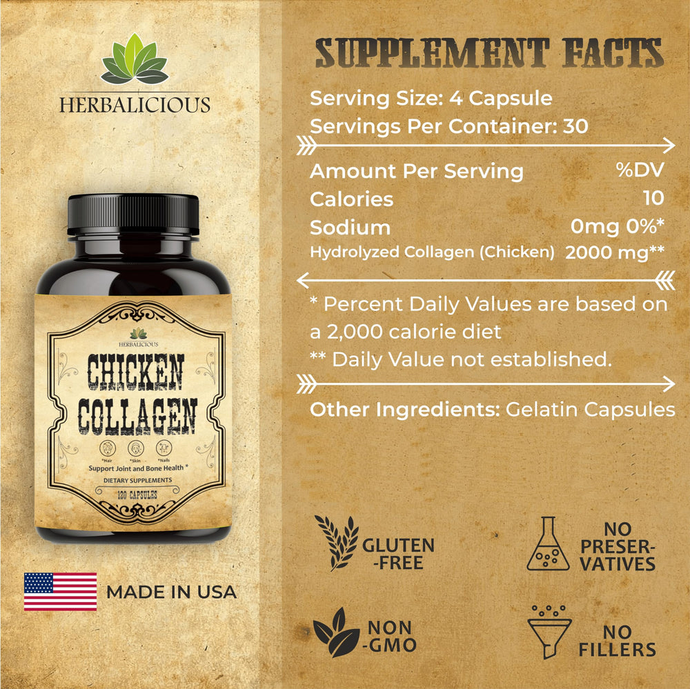 HERBALICIOUS chicken collagen capsules bone-support for bone health and resilience.