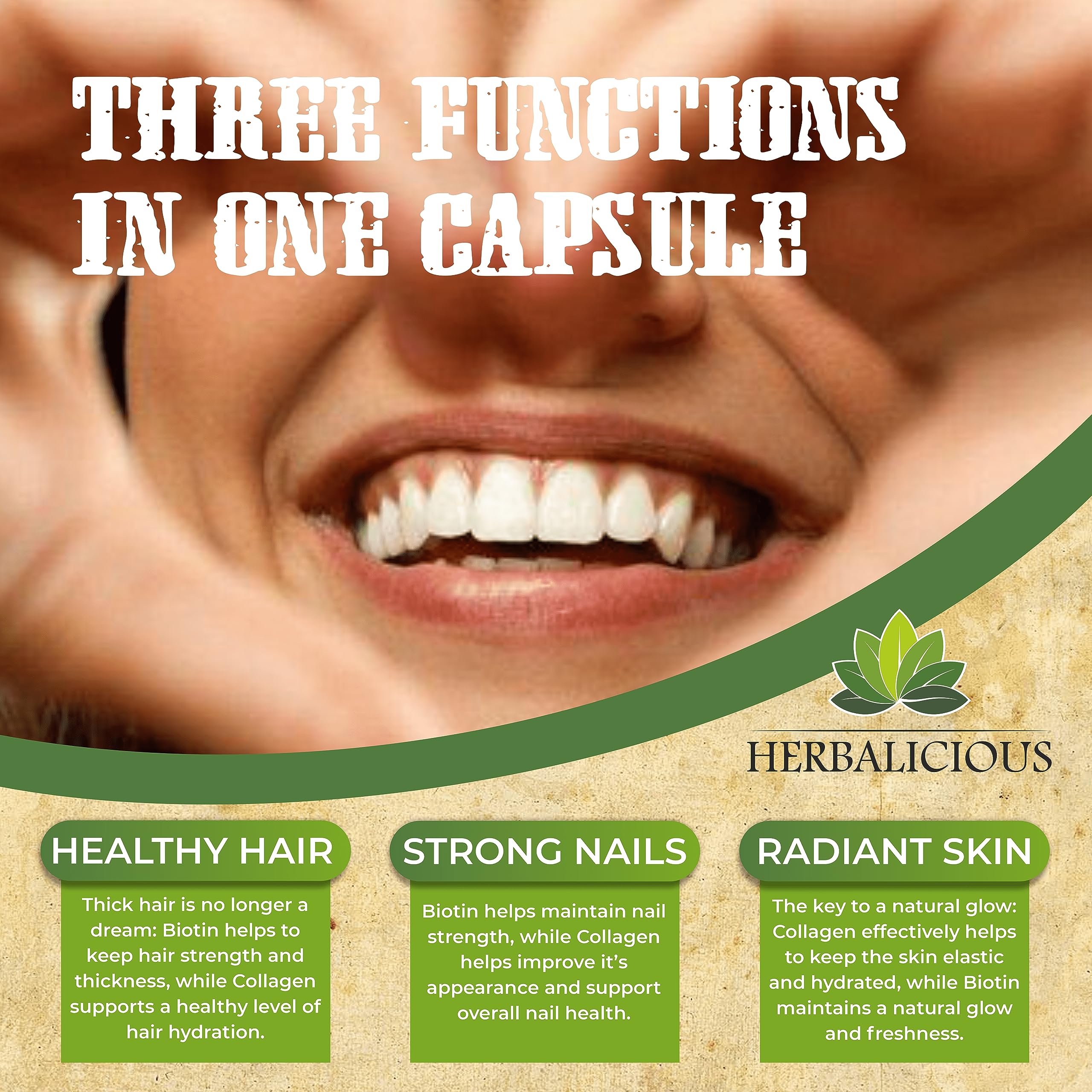 HERBALICIOUS capsules pour showing easy daily intake for mobility and hair strength.