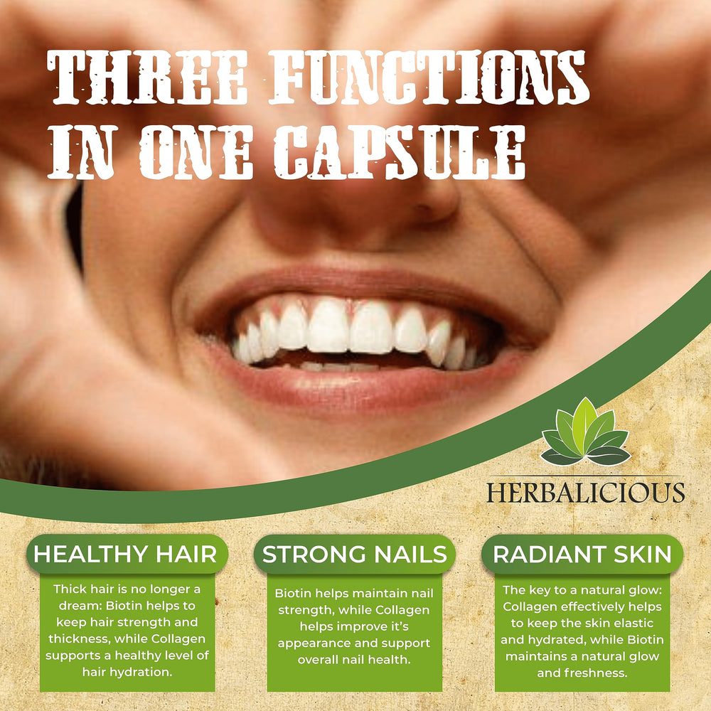 HERBALICIOUS capsules pour showing easy daily intake for mobility and hair strength.