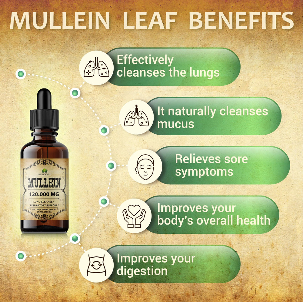 HERBALICIOUS Mullein Drops liquid formula ideal for on-the-go use.
