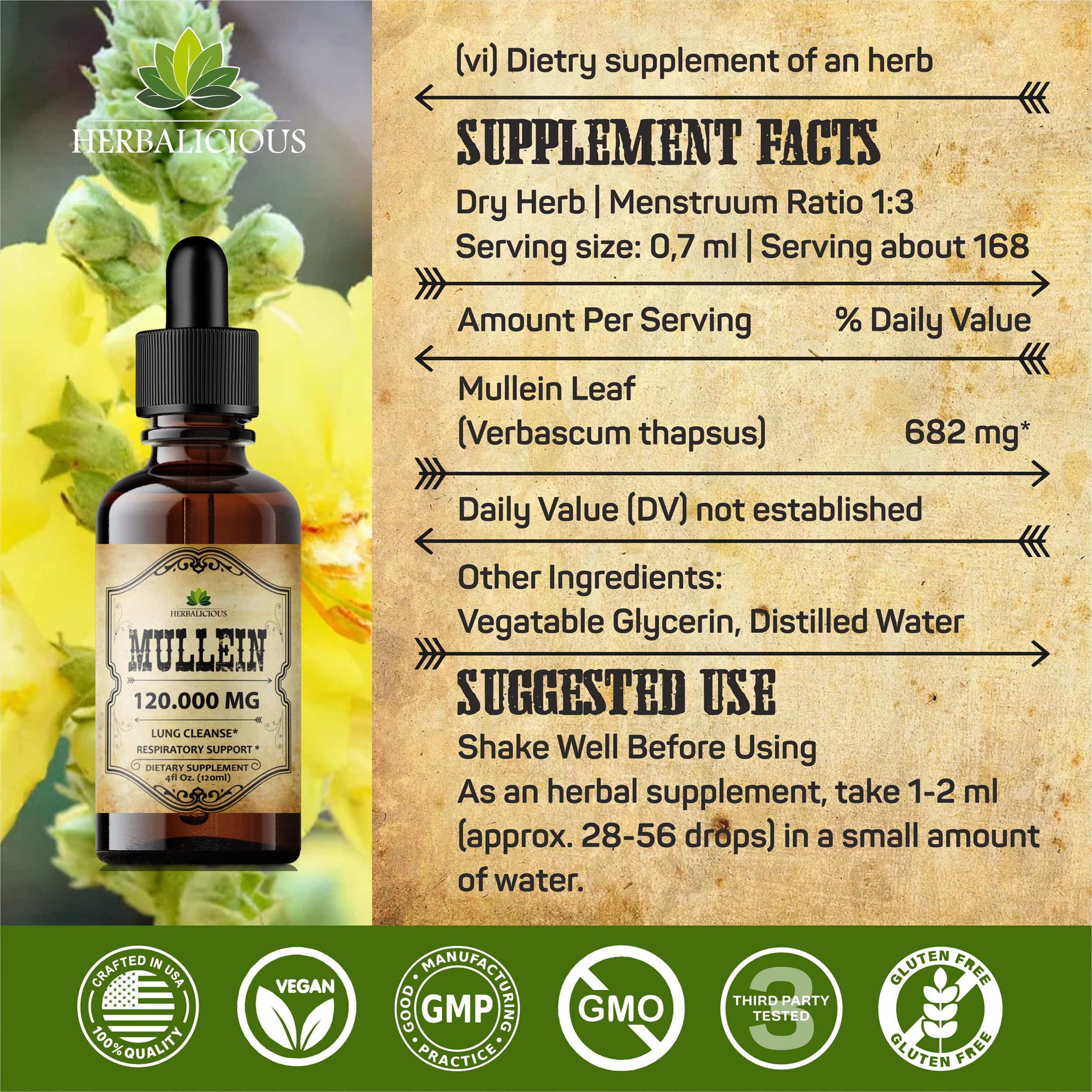 HERBALICIOUS Mullein Drops made in the USA with strict quality standards.