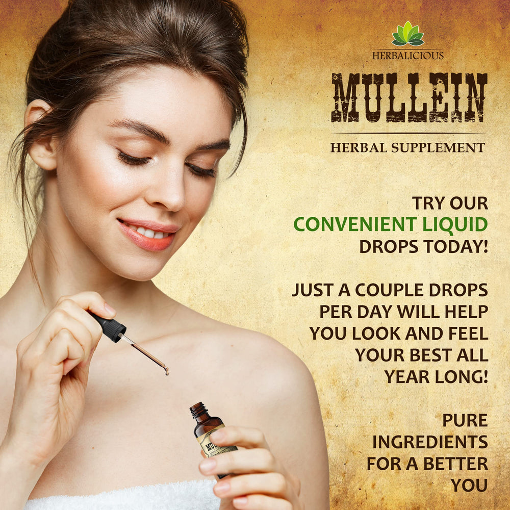 HERBALICIOUS Mullein Drops pour demonstrates convenient liquid dosing for respiratory wellness.