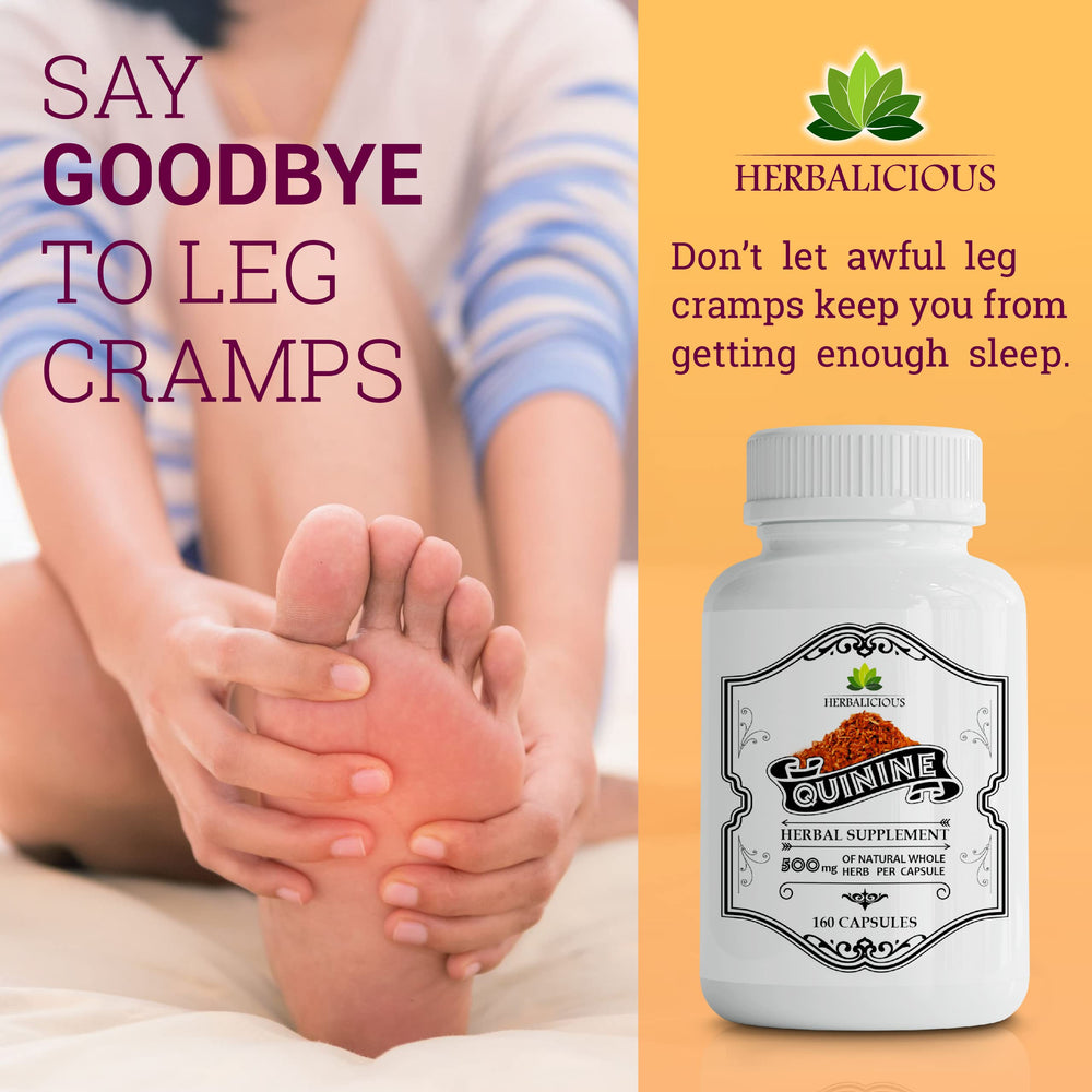 Herbalicious Quinine Capsules closeup highlights capsules and natural formula aiding digestion.