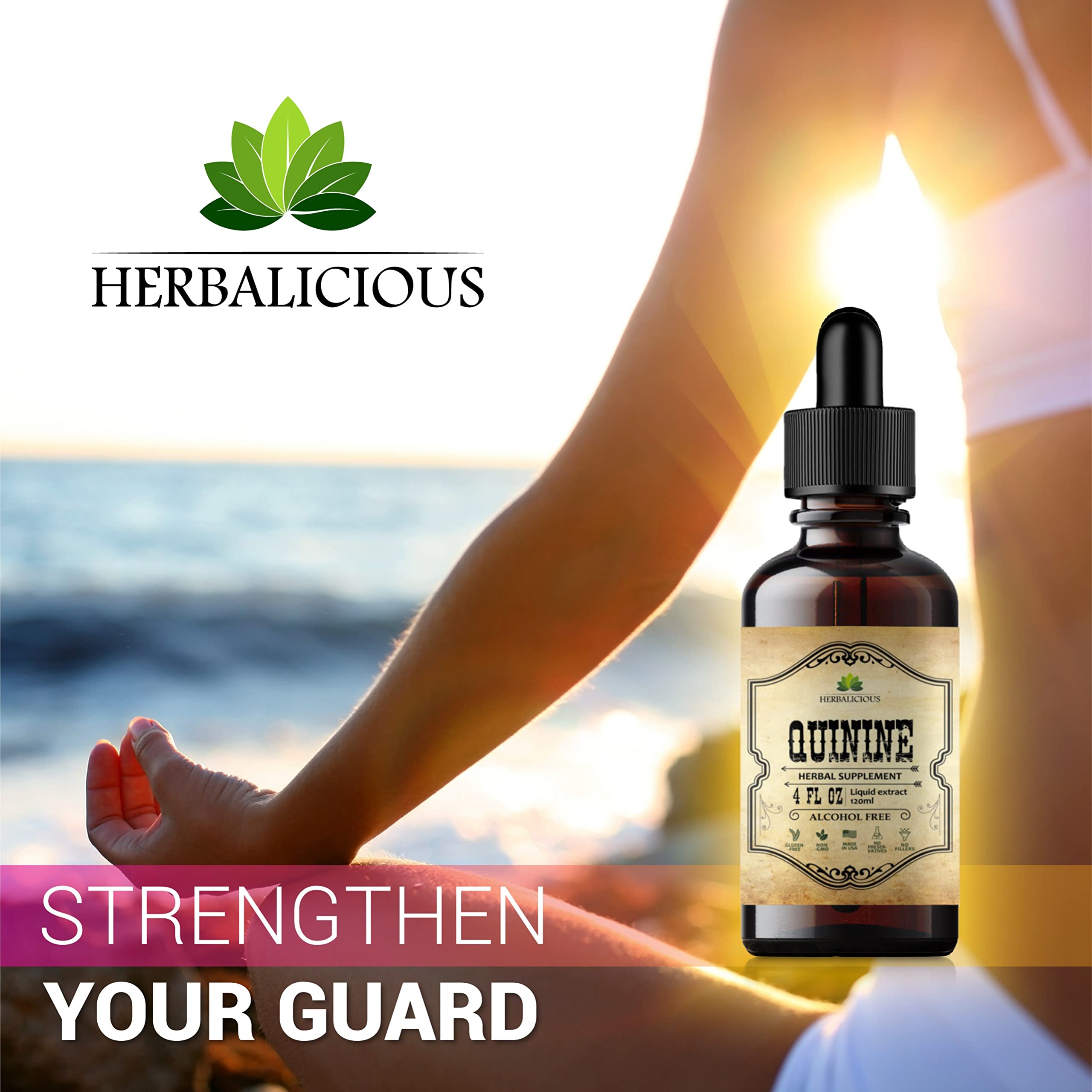 Herbalicious Quinine Liquid Extract bottle on wood, emphasizing value-packed wellness.