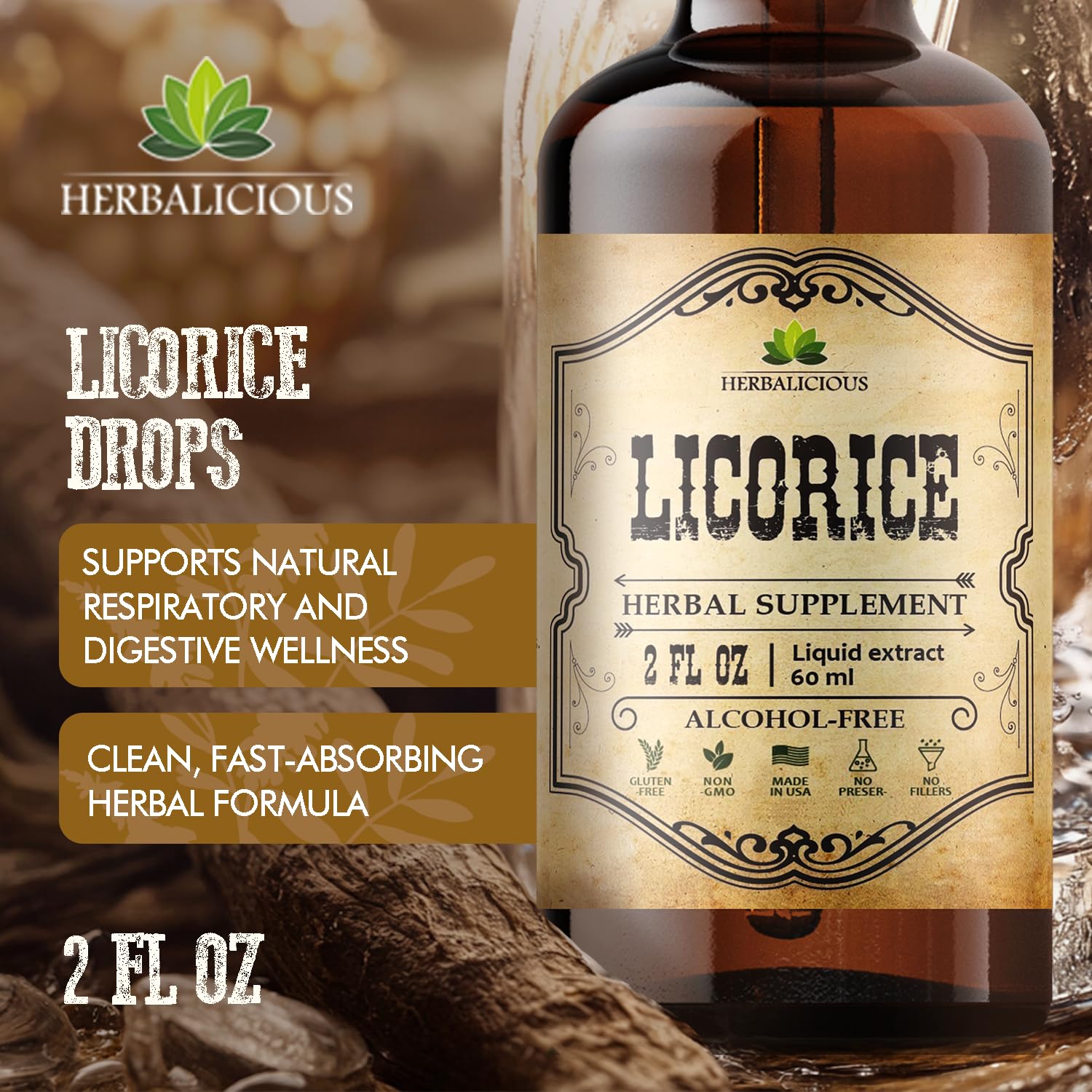 HERBALICIOUS vegan non-GMO gluten-free label on a bottle.
