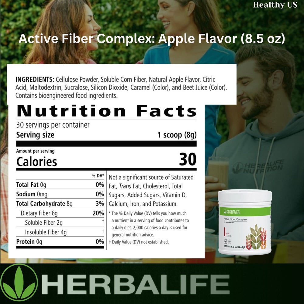 Herbalife Active Fiber Complex Apple Flavor label close-up with nutrition notes.