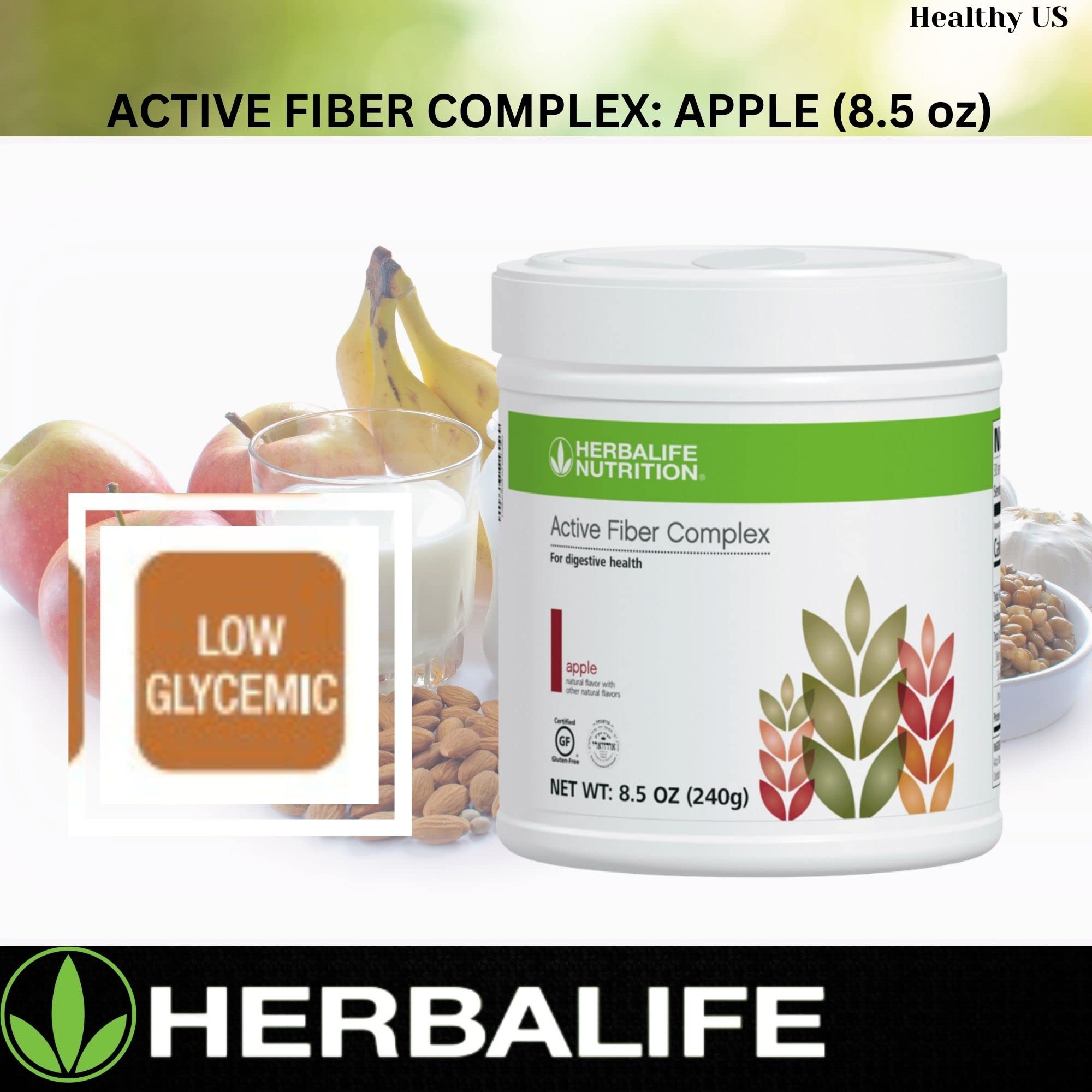 Herbalife Active Fiber Complex bottle on kitchen counter with a fresh fruit vibe.