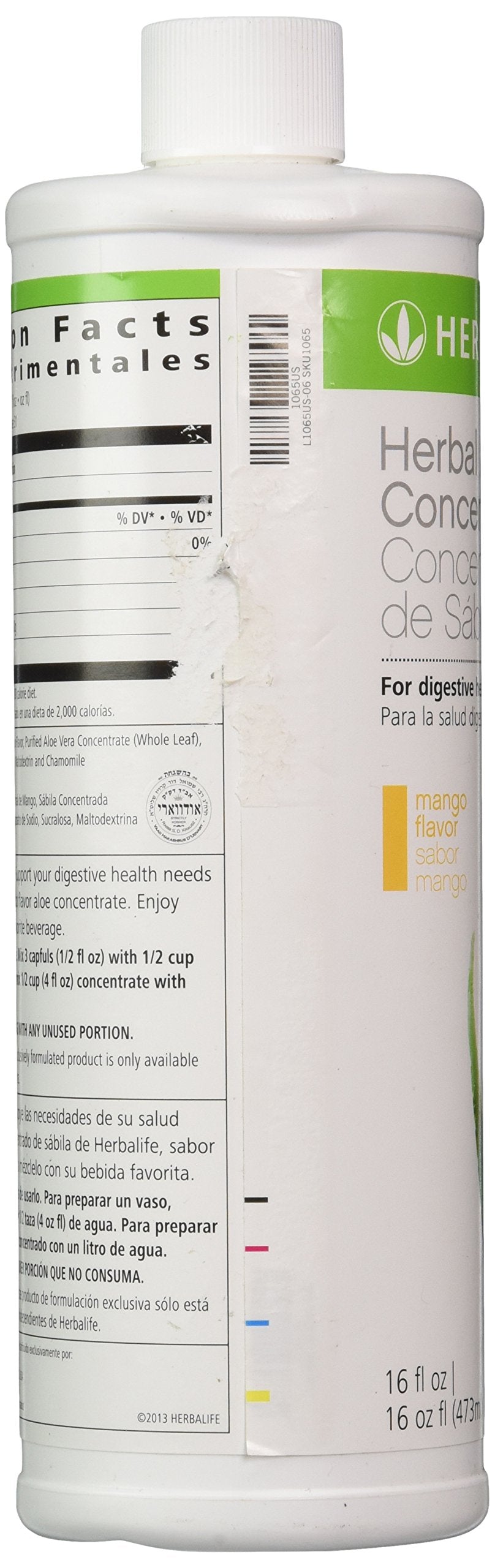 Close-up of Herbalife Aloe Drink Mango label with product details.