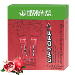Herbalife Liftoff Pomegranate-Berry Burst tablets with glass of water for a quick energy lift