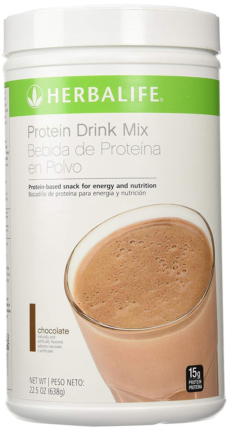 Herbalife Protein Drink Mix Chocolate canister front view with brand logo and label.