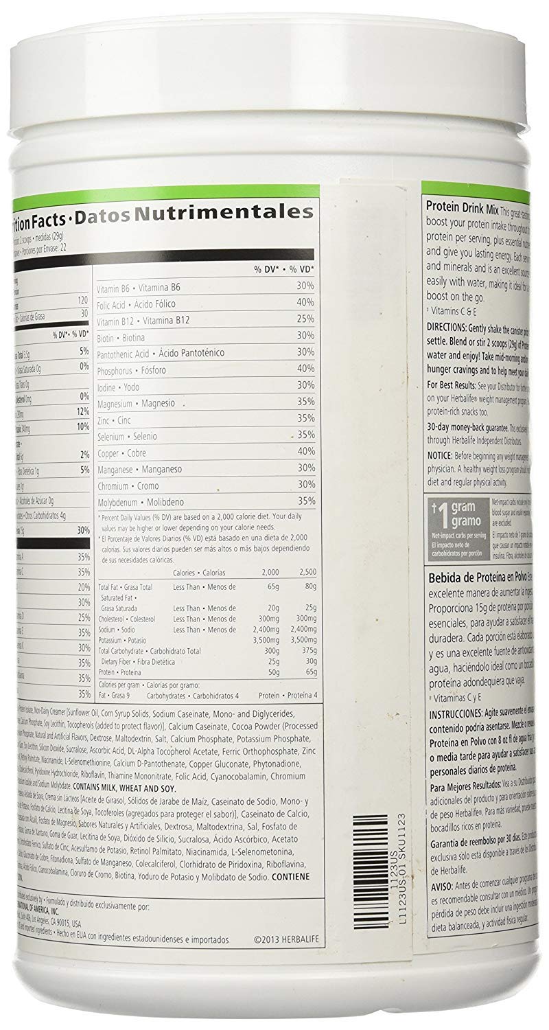 Close-up of Herbalife canister showing nutrition details and chocolate flavor.