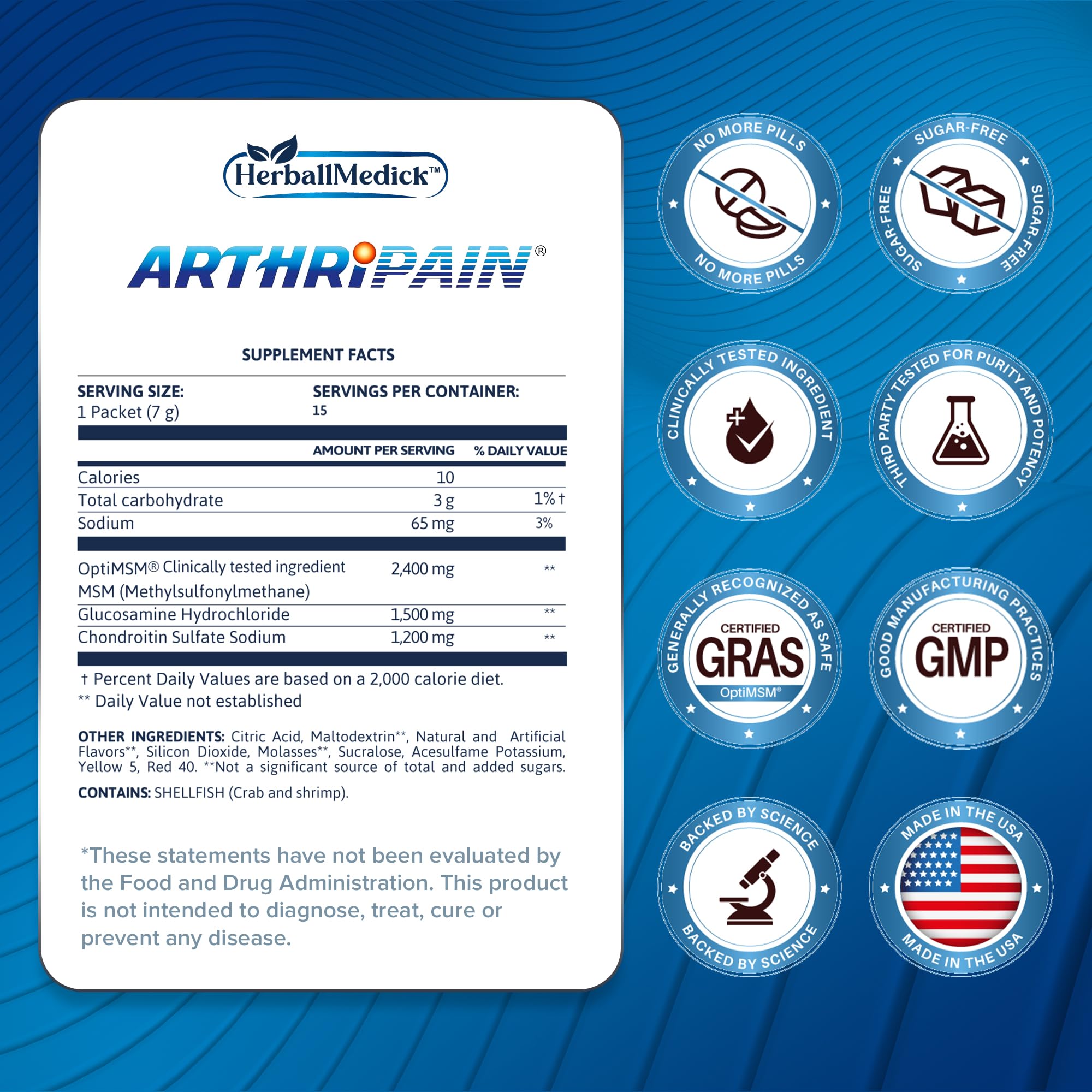 HerballMedick Arthripain bottle label showing glucosamine, chondroitin and MSM formulation.