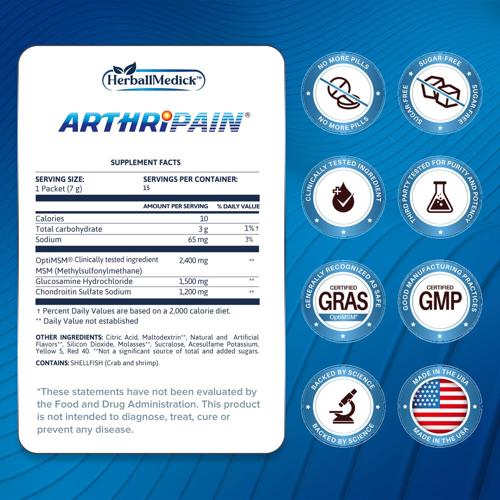 HerballMedick Arthripain bottle label showing glucosamine, chondroitin and MSM formulation.
