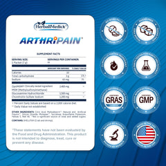 HerballMedick Arthripain bottle label showing glucosamine, chondroitin and MSM formulation.