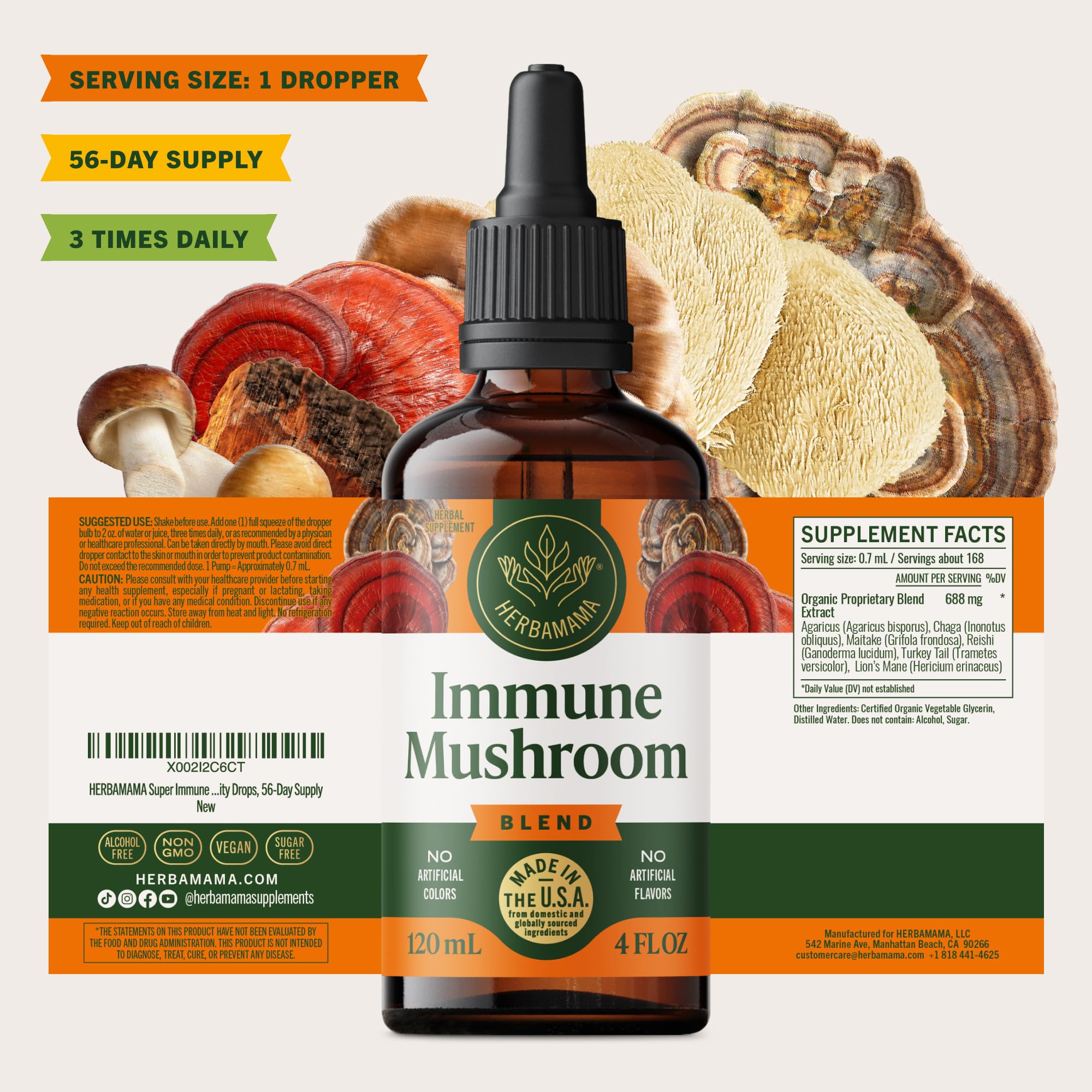 HERBAMAMA 56-day supply highlights long-term mushroom support.