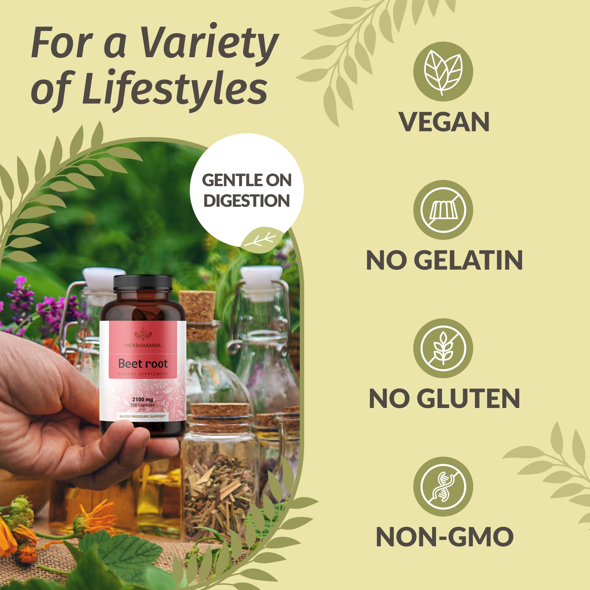 Herbamama Beet Root Capsules with water, easy to swallow on the go.