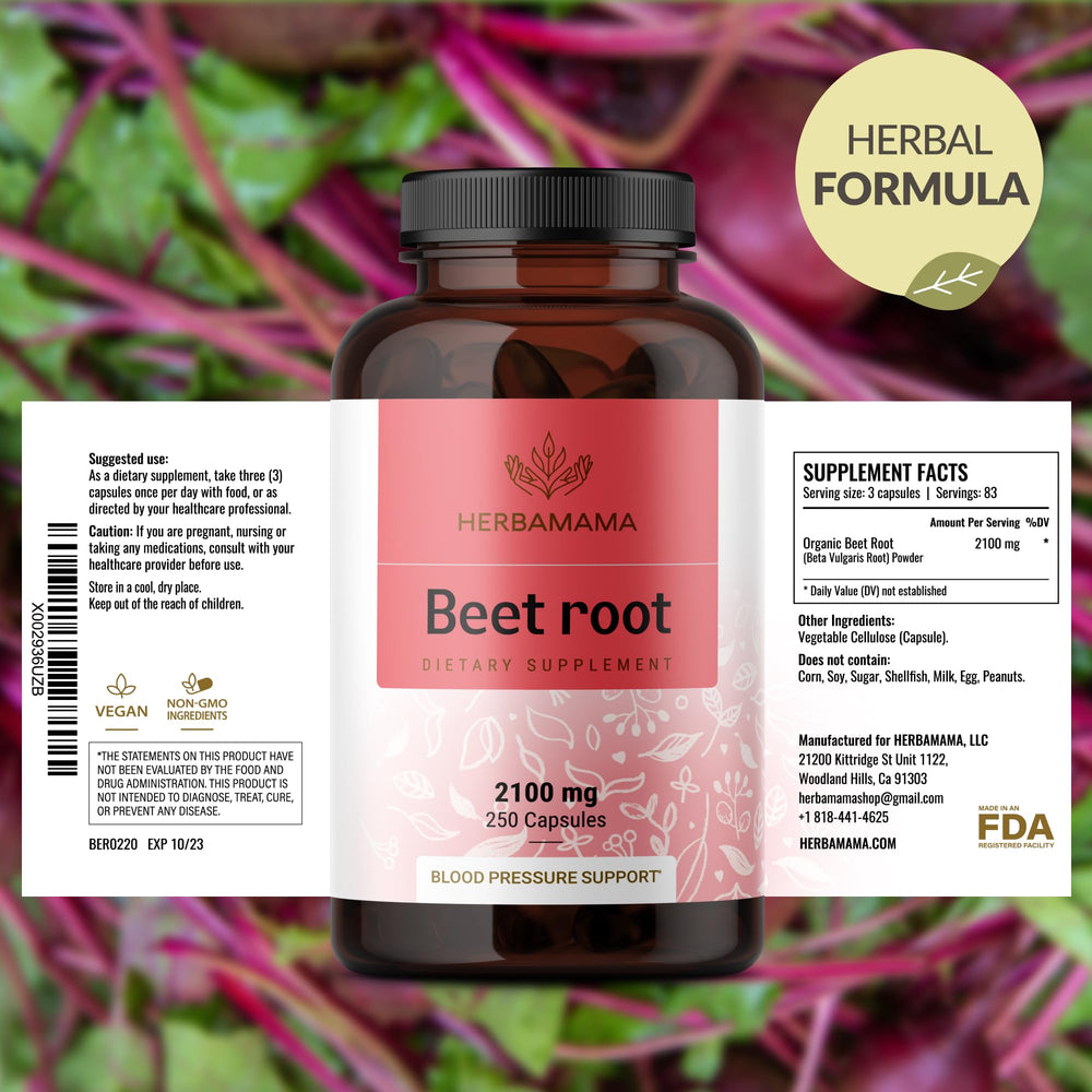 Herbamama Beet Root Capsules label detail emphasizes natural ingredients.