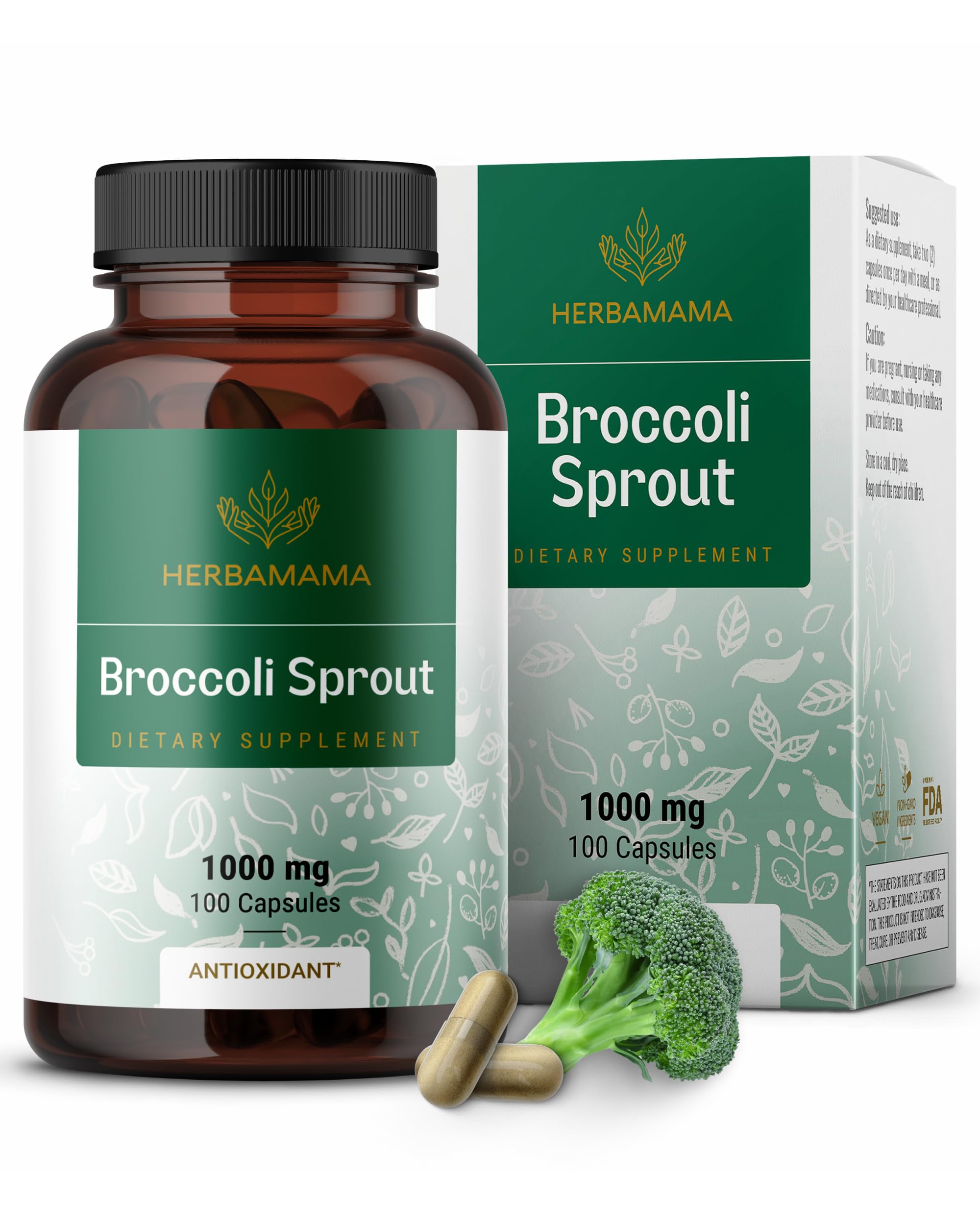 HERBAMAMA Broccoli Sprouts Capsules bottle-front view showing vegan, antioxidant-supporting supplement
