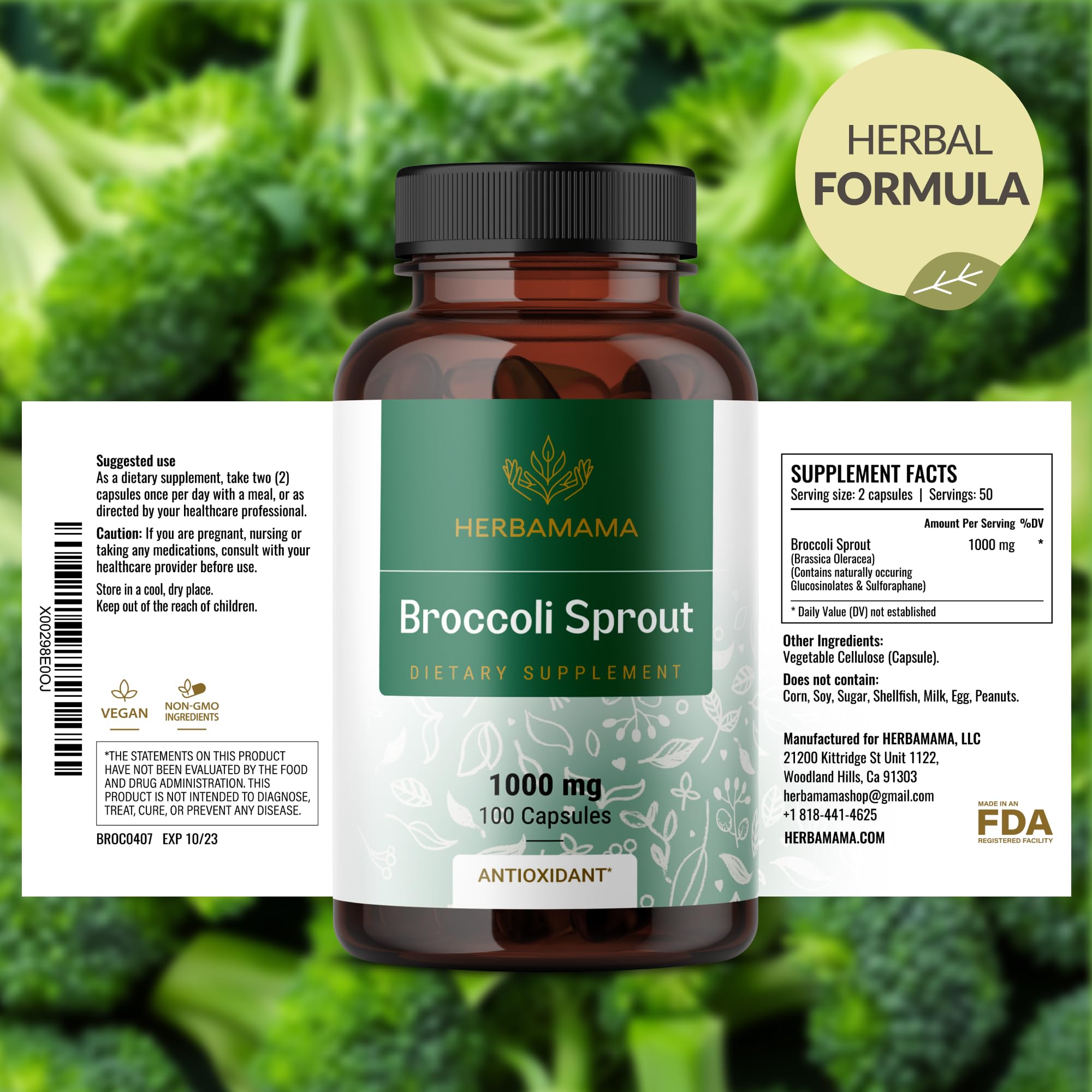 HERBAMAMA Broccoli Sprouts Capsules box-and-glass illustration ready-to-use routine