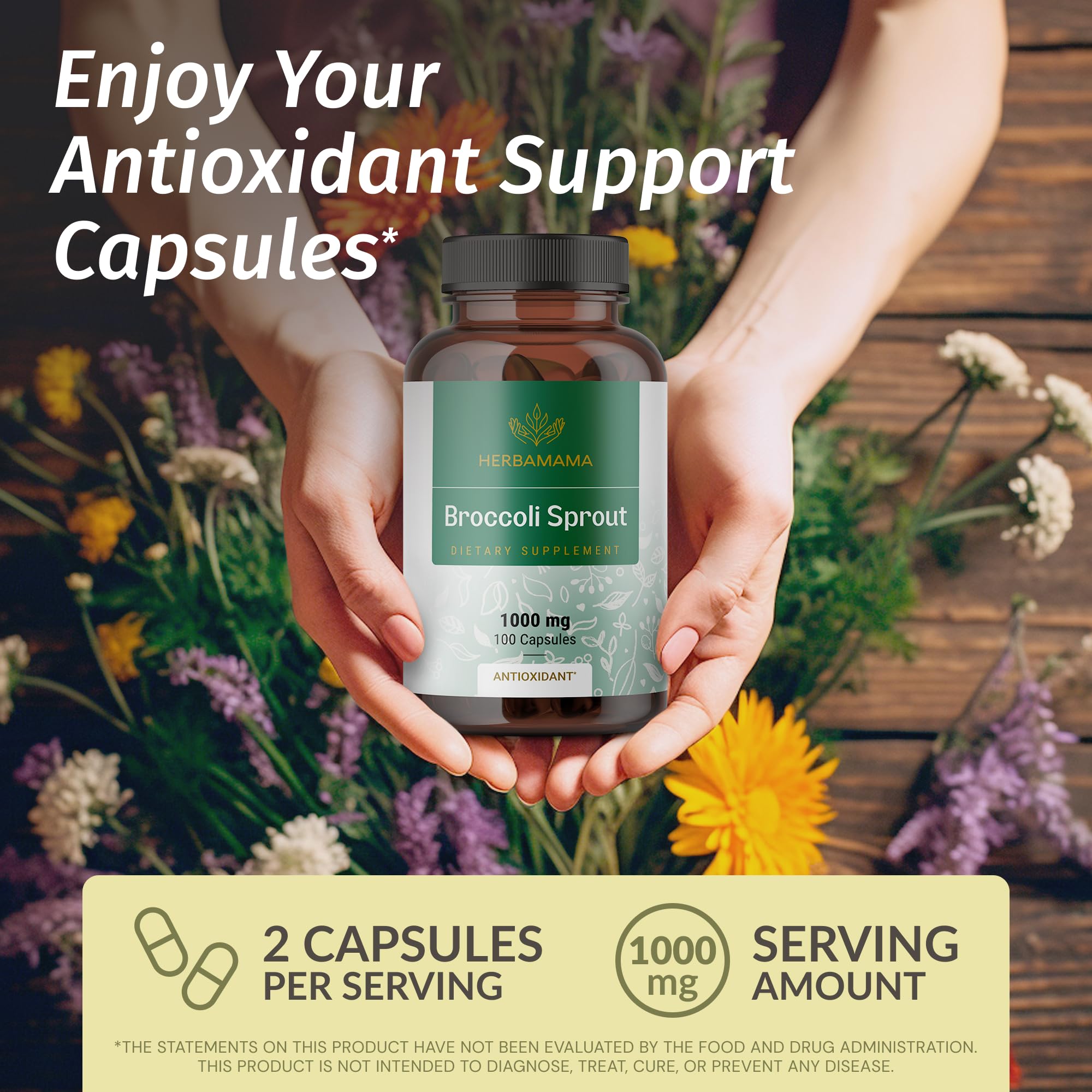 HERBAMAMA Broccoli Sprouts Capsules packaging-back highlighting ingredients and non-GMO formula