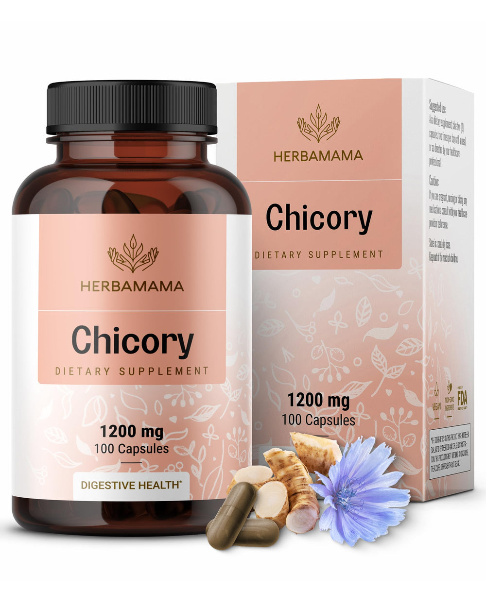HERBAMAMA chicory root fiber capsules bottle shows convenient daily digestive support.