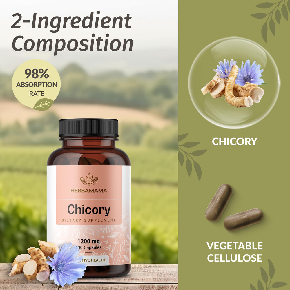HERBAMAMA chicory root fiber capsules label front for quick ingredient visibility.