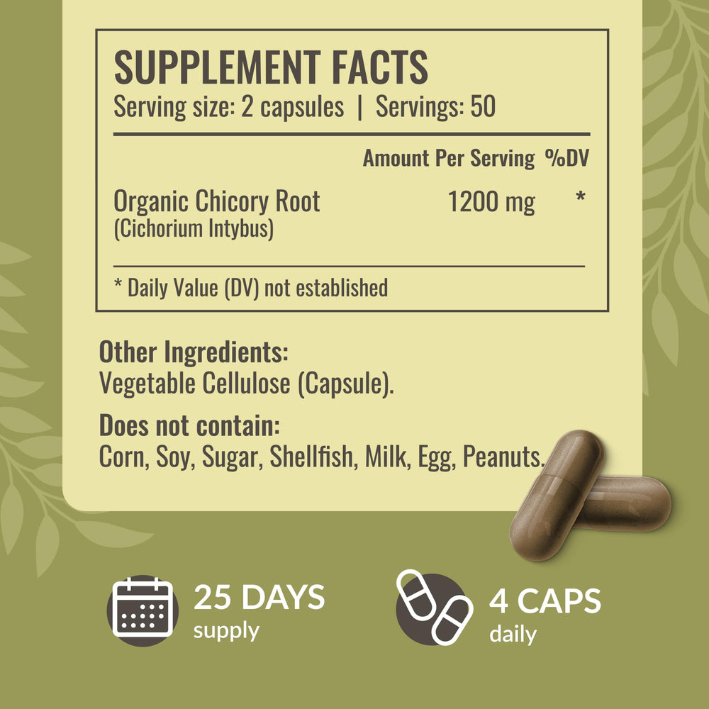 HERBAMAMA chicory root fiber capsules close-up of label highlights vegan, non-GMO.