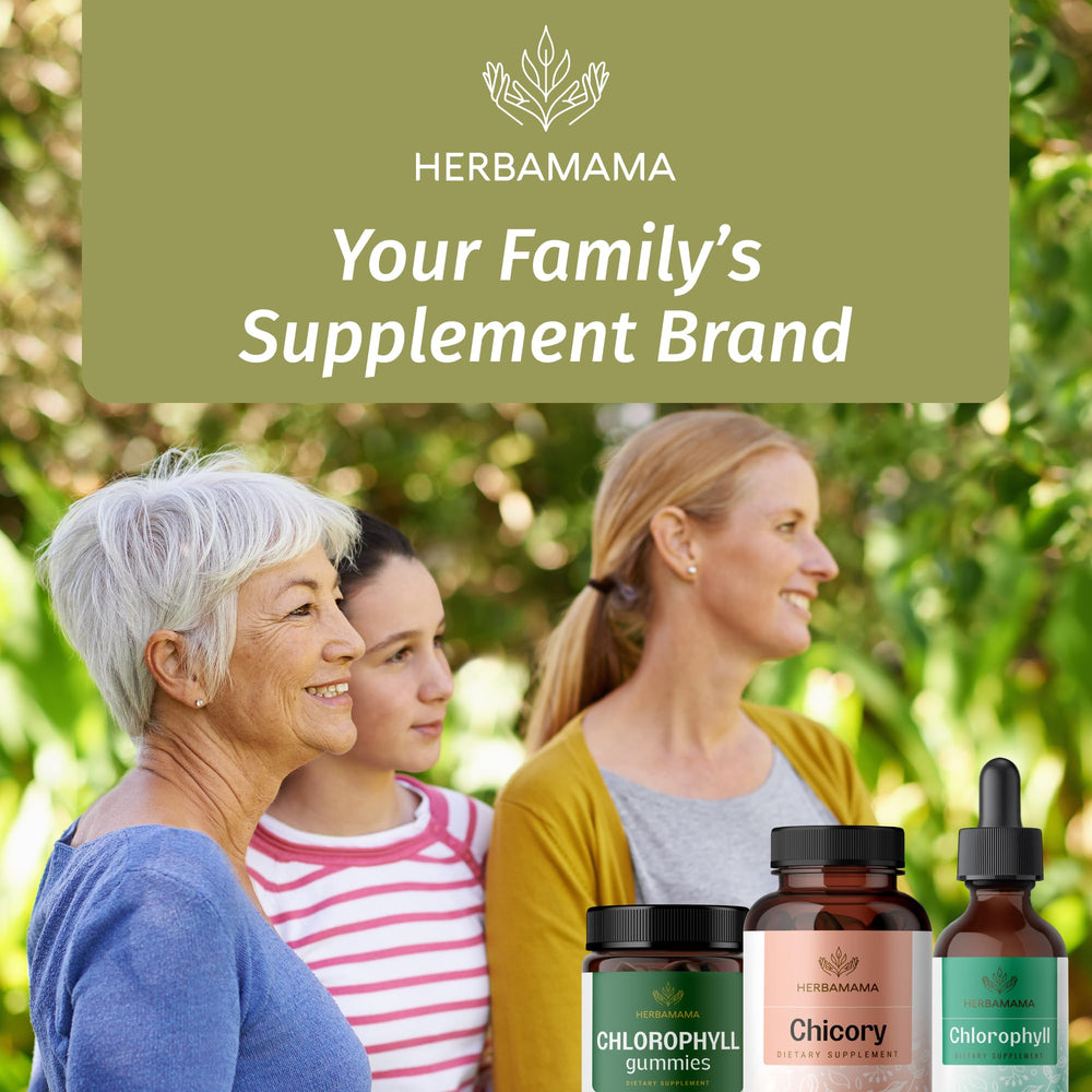 HERBAMAMA chicory root fiber capsules package on kitchen counter with healthy foods.