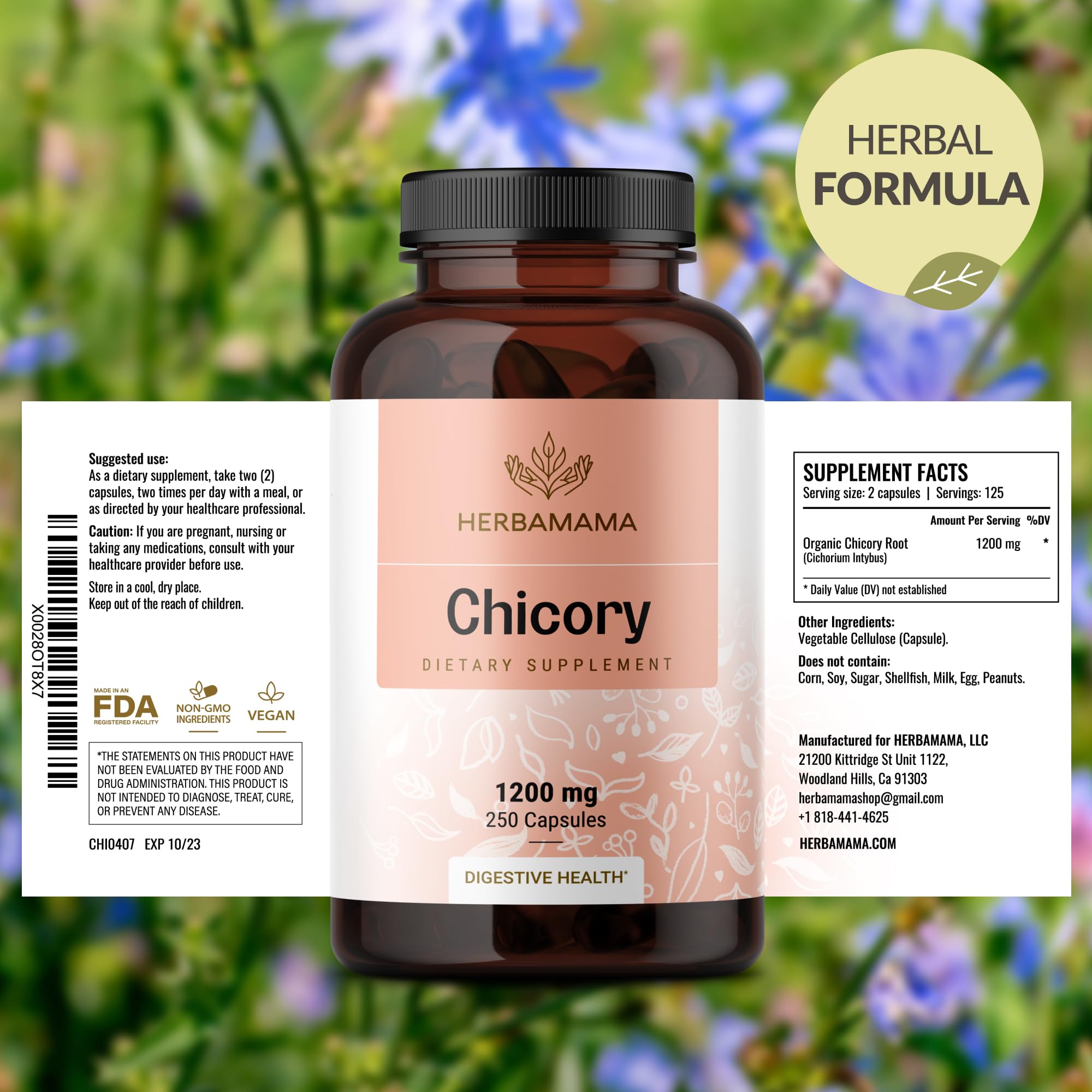 HERBAMAMA Chicory Root Fiber ingredients panel shows two-ingredient, plant-based formula.