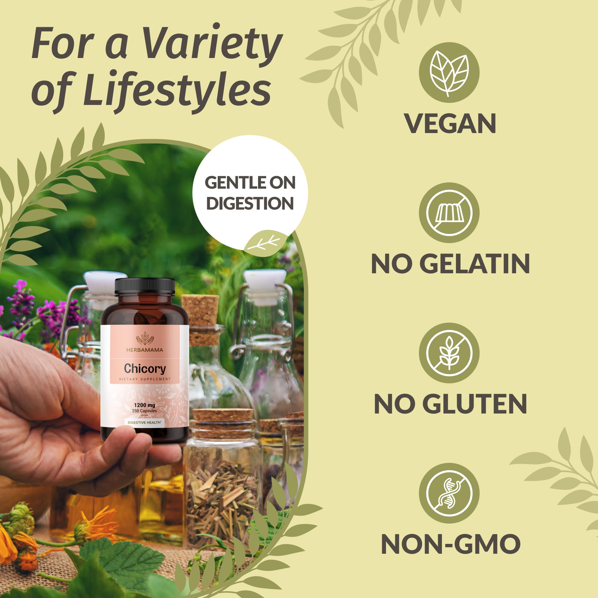 HERBAMAMA Chicory Root Fiber packaging highlights additive-free, clean formula.
