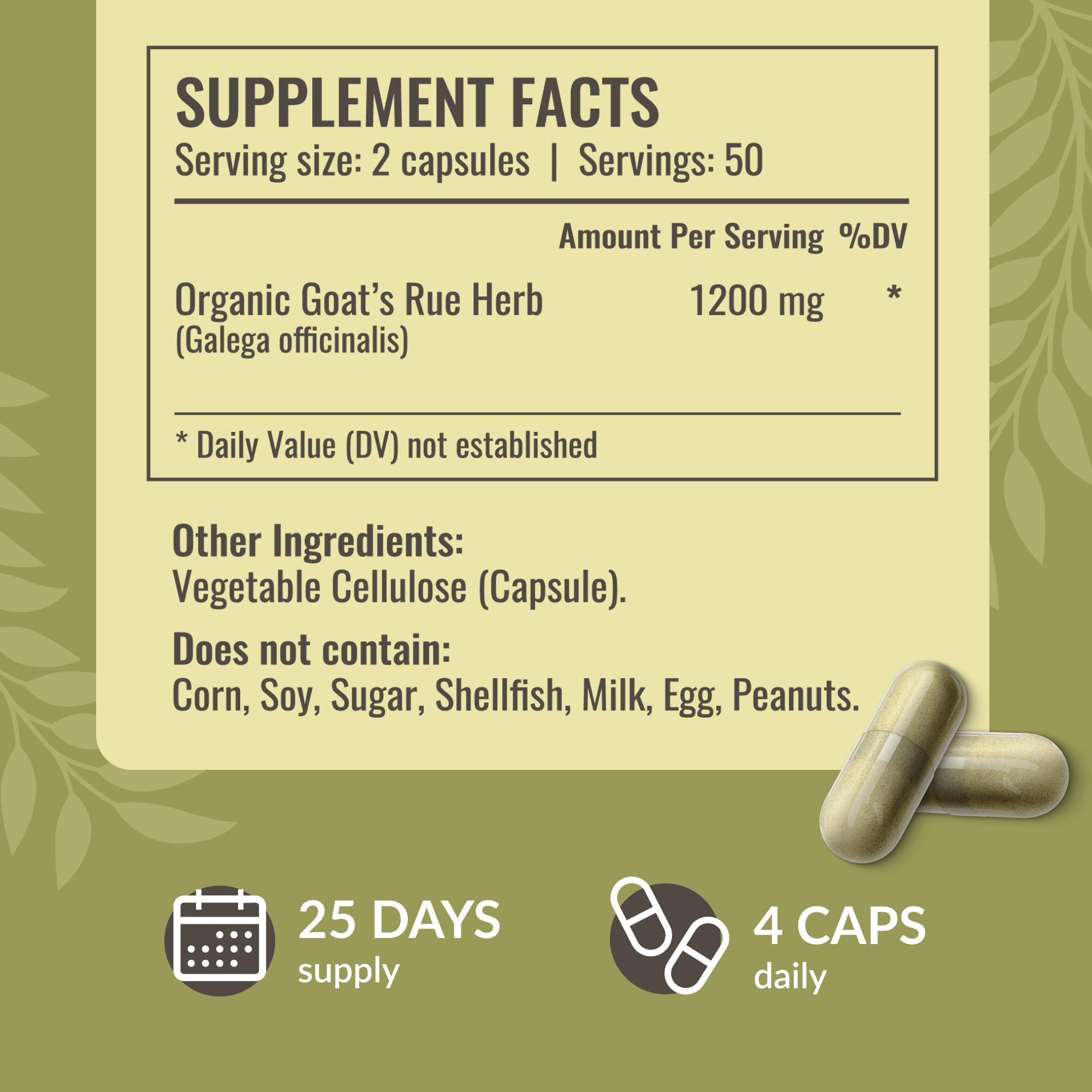 Goat's Rue capsules close-up showing simple two-ingredient formula