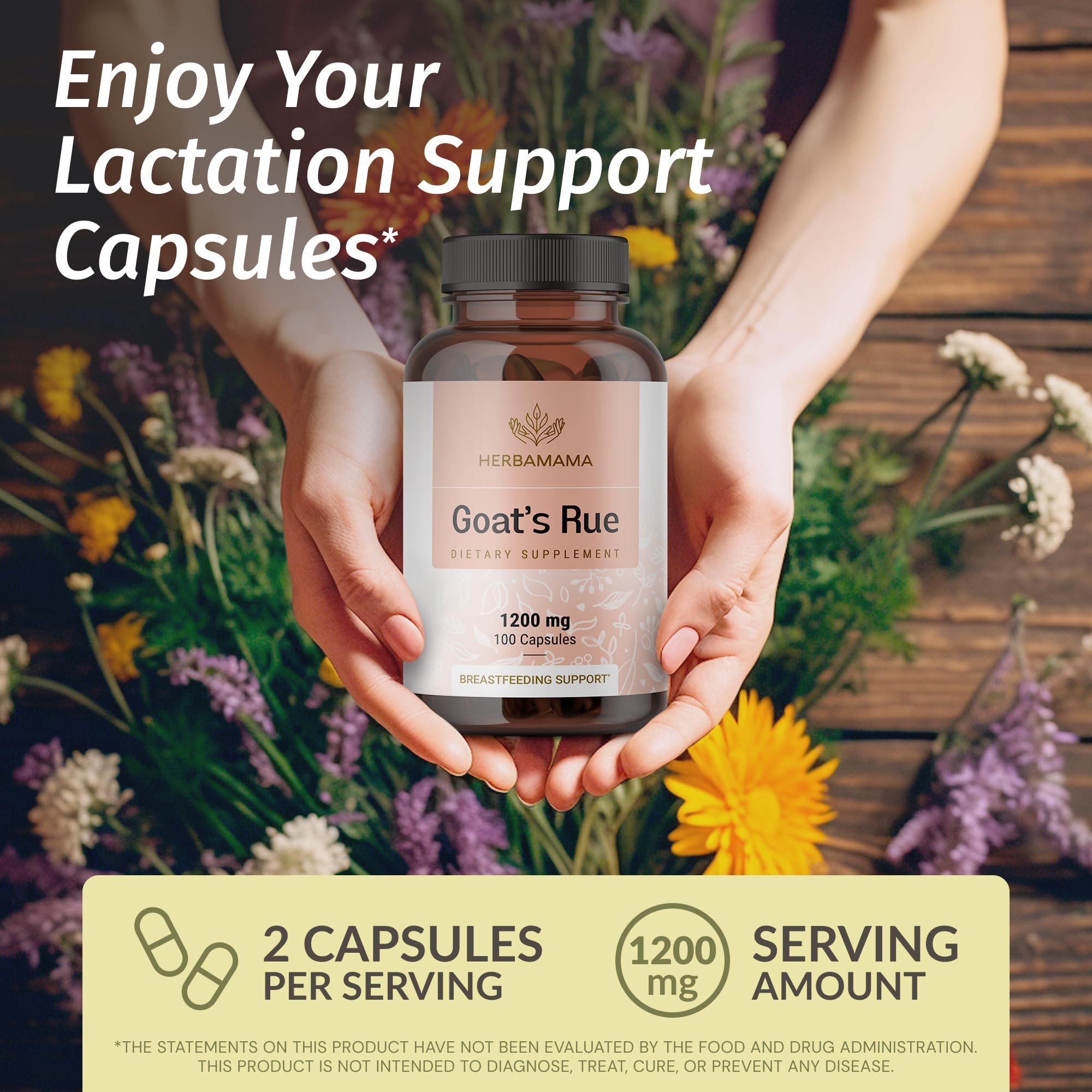HERBAMAMA Goat's Rue capsules label highlighting vegan, non-GMO formula