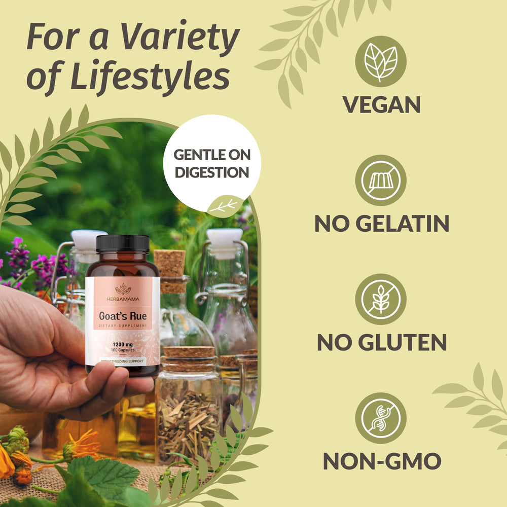 Herbamama goat's rue capsules bottle portable for on-the-go moms