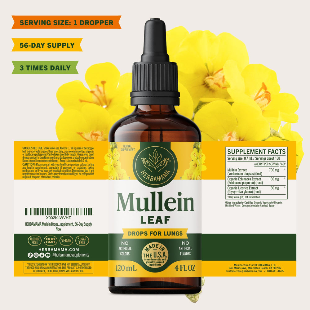 HERBAMAMA Mullein Drops dispensing usage shot shows shake before use guidance