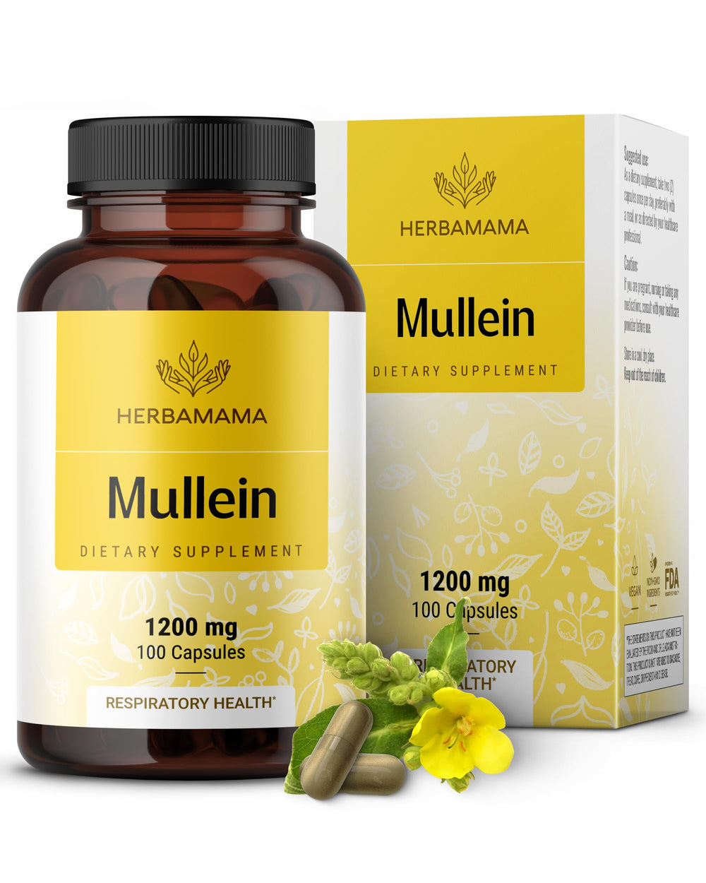 HERBAMAMA Mullein Leaf Capsules bottle front for daily lung support