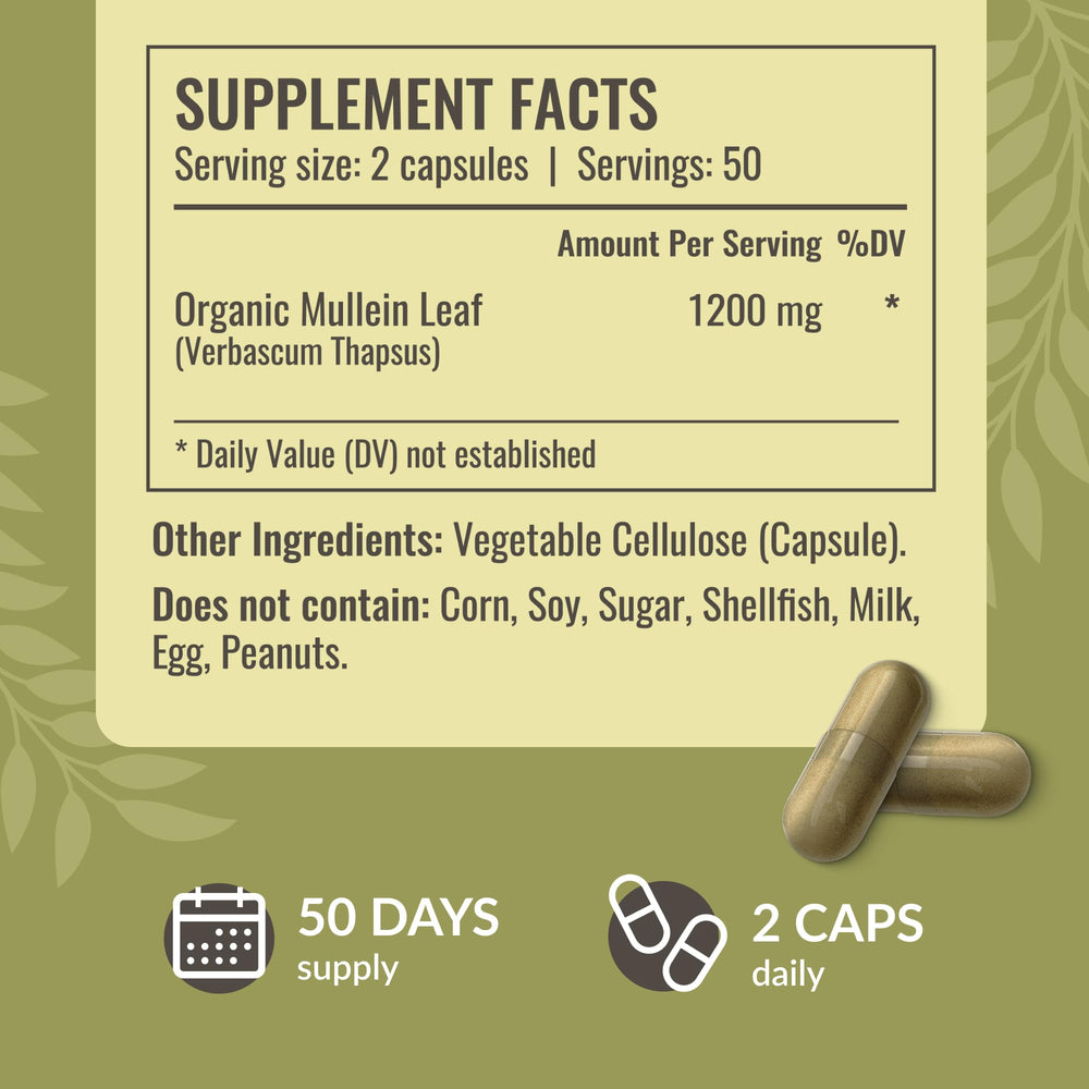 HERBAMAMA Mullein Leaf Capsules close-up label highlighting two-ingredient formula
