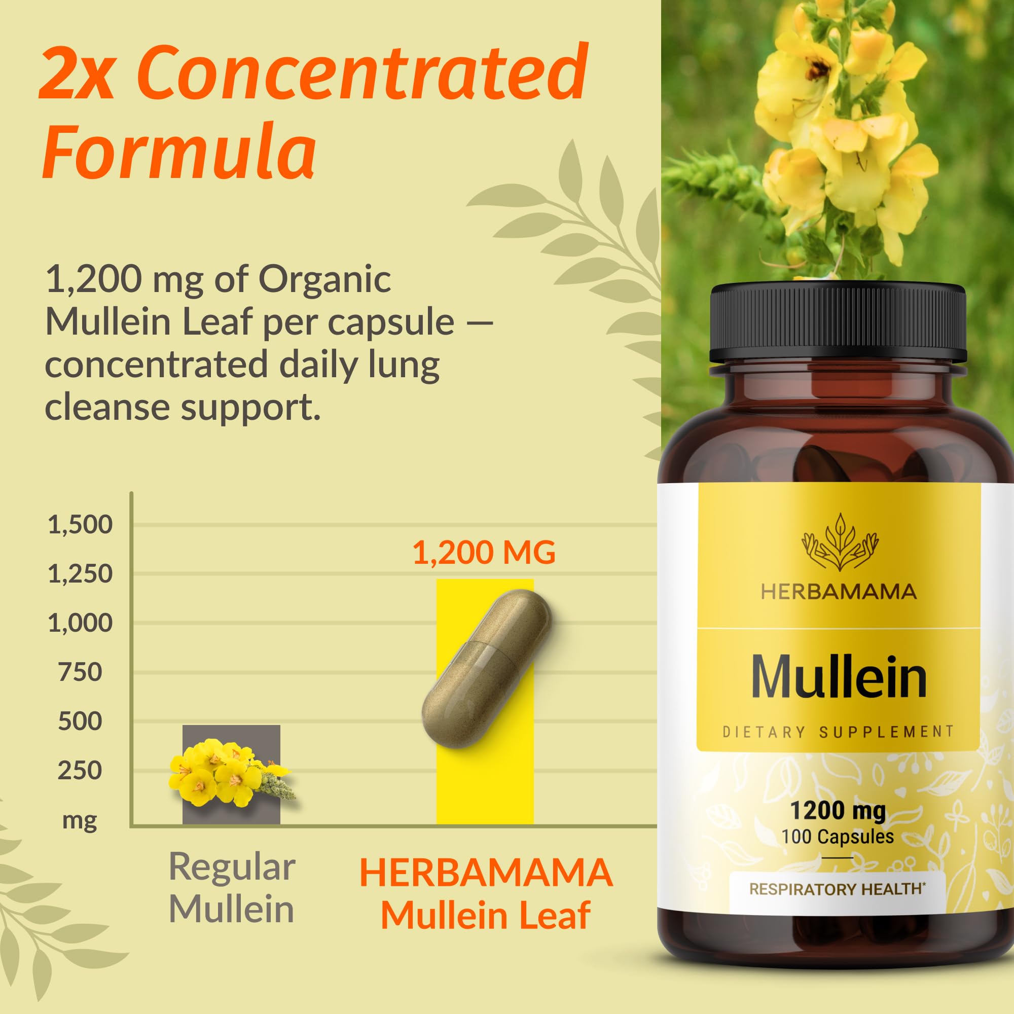 HERBAMAMA Mullein Leaf Capsules on tray with a glass of water