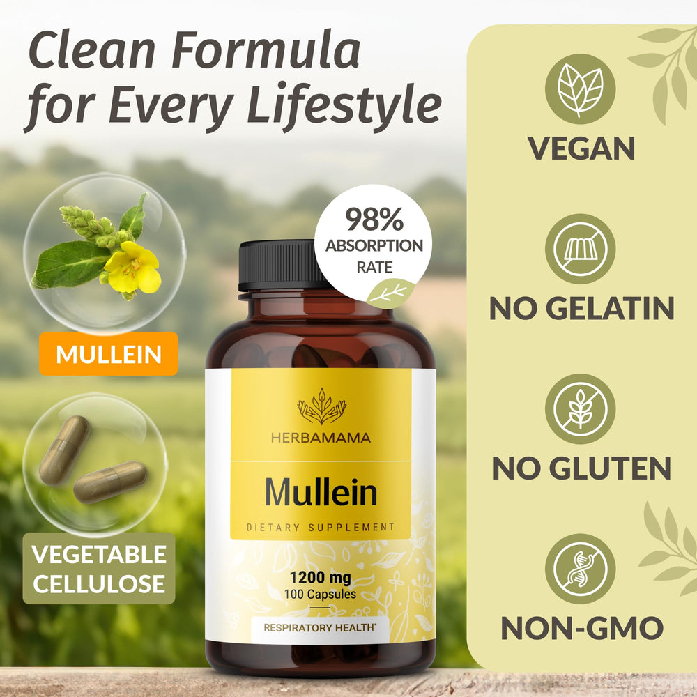 HERBAMAMA Mullein Leaf Capsules packaging flatlay emphasizing vegan non-GMO claim