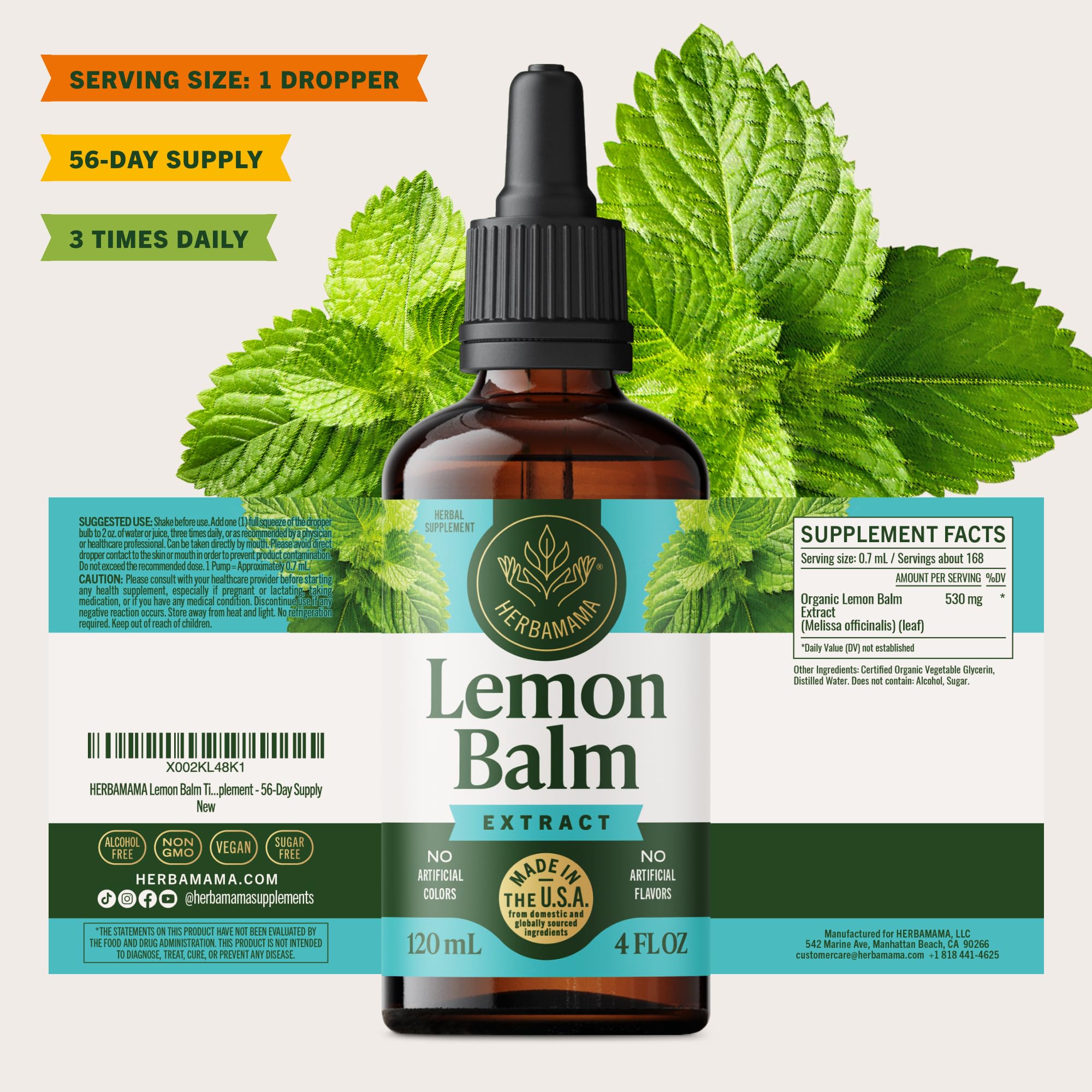 HERBAMAMA tincture bottle showing alcohol-free and artificial color-free claim