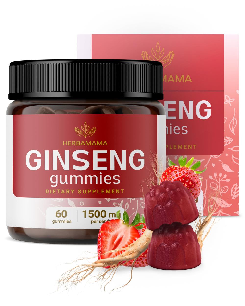 Herbamama Panax Ginseng Gummies bottle showing convenient daily energy support on the go