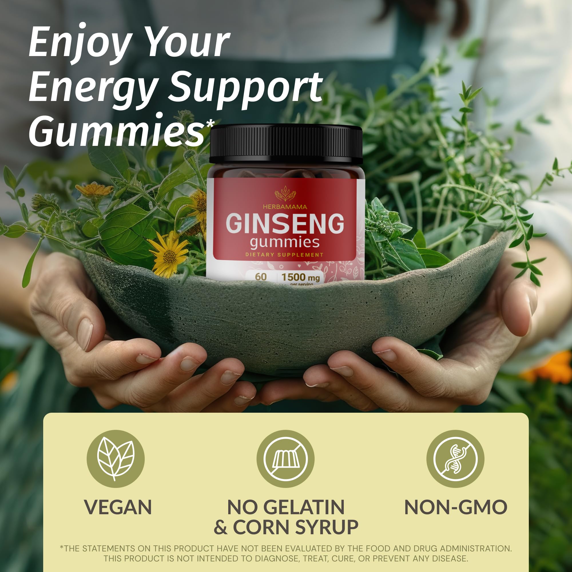Herbamama Panax Ginseng Gummies strawberry chew close-up highlighting fruity flavor and chewability